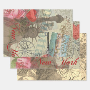 New York City Vintage Liberty Skyline Symbol Art Wrapping Paper Sheet