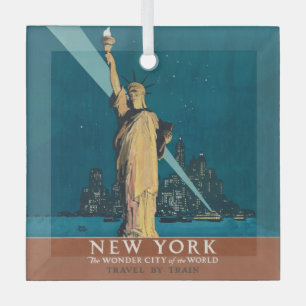 New York City Vintage Travel Liberty Skyline Glass Ornament