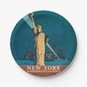 New York City Vintage Travel Liberty Skyline Paper Plate