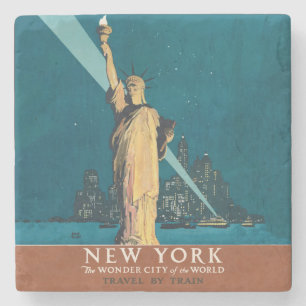 New York City Vintage Travel Liberty Skyline Stone Coaster
