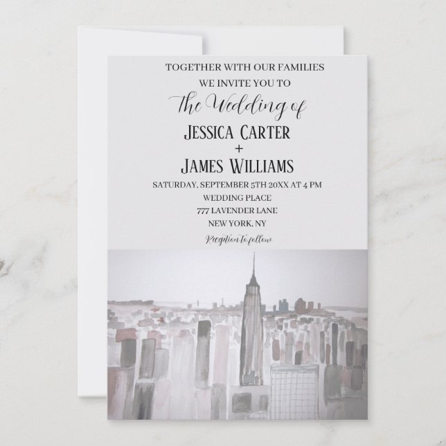 New York City Watercolor Destination Chic Wedding Invitation (Front)