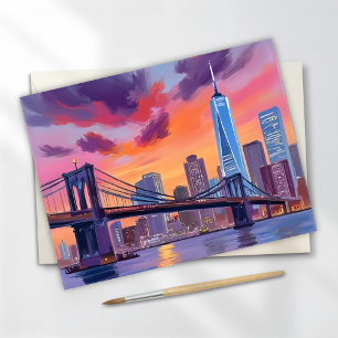 New York City Watercolor Skyline Bridge Painting Postcard