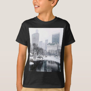 New York City Winter in Central Park Skyline Art  T-Shirt