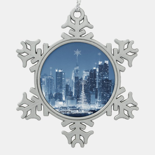New-York City Winter SkyLine Snowflake Pewter Christmas Ornament (Front)