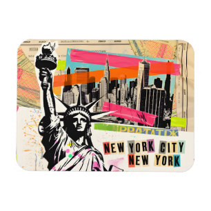 New York Cityscape Travel Magazine Pop Art Collage Magnet