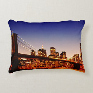 New York cityscape with bridge over river Accent Pillow