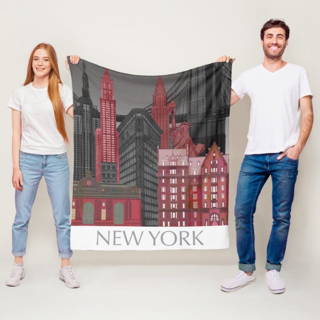 New York Elevations by Night - Red Fleece Blanket (In Situ)