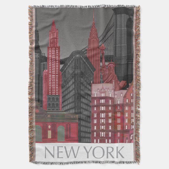 New York Elevations by Night - Red Throw Blanket (Front Vertical)