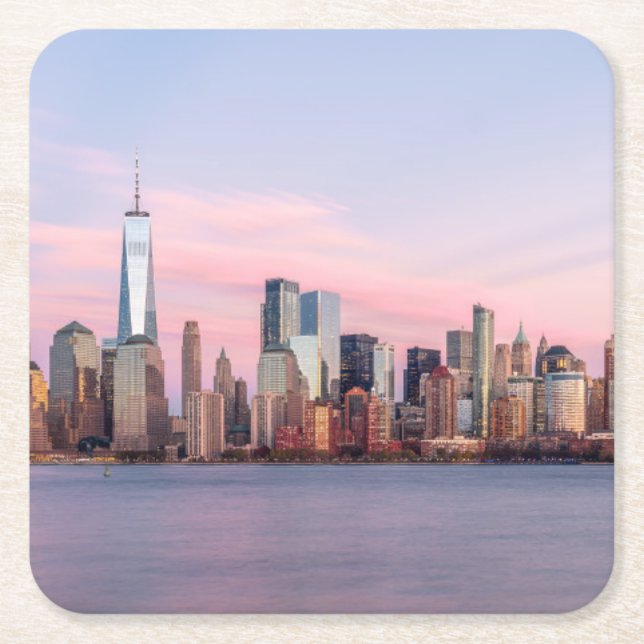 New York Evening Skyline Square Paper Coaster (Front)