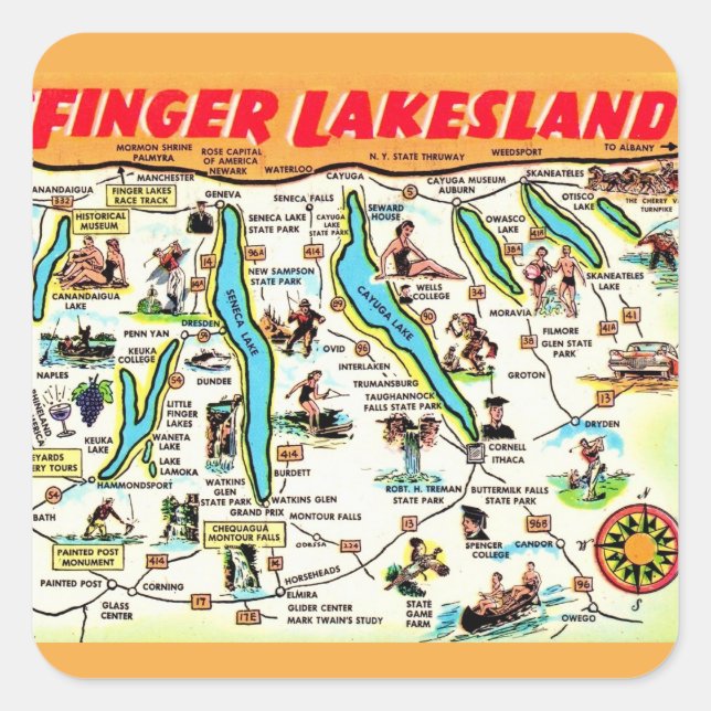New York Finger Lakes Map Square Sticker (Front)