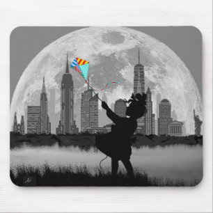 NEW YORK Full Moon Girl wh Blue Kite - Mouse Pad
