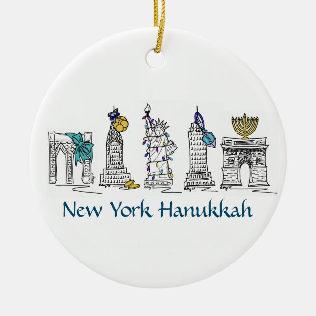 New York Hanukkah NYC Landmarks Jewish Holiday Ceramic Ornament (Front)