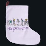 New York Hanukkah Purple Chanukah Holiday Landmark Large Christmas Stocking<br><div class="desc">Features an original pen-and-ink illustration of various New York City landmarks "dressed up" for the holiday season. Perfect for Hanukkah!

This design is also available on other products. Don't see what you're looking for? Need help with customization? Contact Rebecca to have something designed just for you.</div>