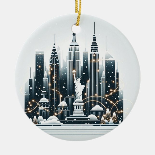 New York Holiday Elegance - Customizable Christmas Ceramic Ornament (Front)