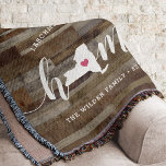 New York Home State Personalized Wood Look Throw Blanket<br><div class="desc">Show some home state pride with this cute rustic faux wood plank throw blanket featuring "home" in white calligraphy script lettering with a silhouette map of the state of New York standing in for the letter "O." A pink heart illustration inside the state map completes the design; you can change...</div>