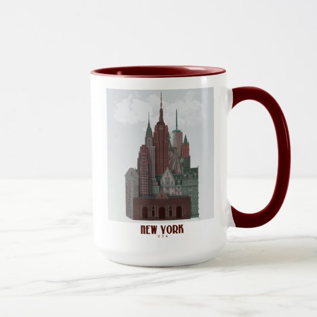 New York in Clouds - Dark Red and Green Mug (Right)