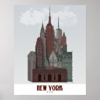 New York in Clouds - Dark Red and Green