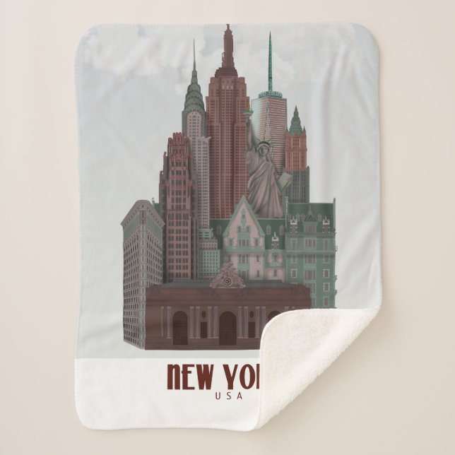 New York in Clouds - Dark Red and Green Sherpa Blanket (Front)