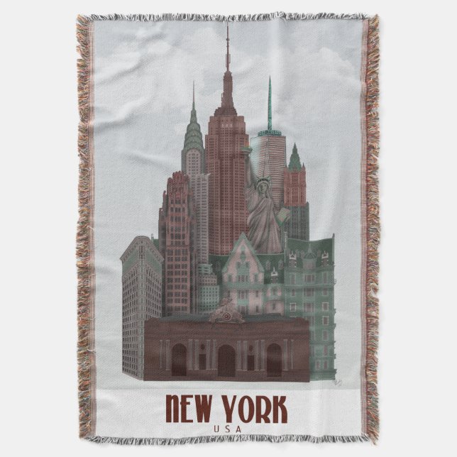 New York in Clouds - Dark Red and Green Throw Blanket (Front Vertical)