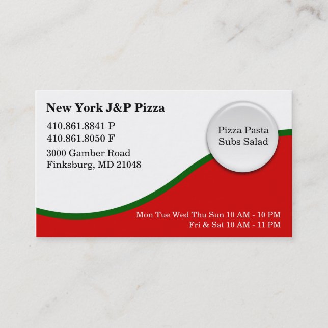 New York J And P Pizza - NEW Business Card (Front)