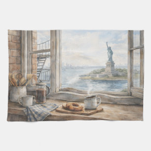 New York Kitchen Watercolor with Statue of Liberty Towel