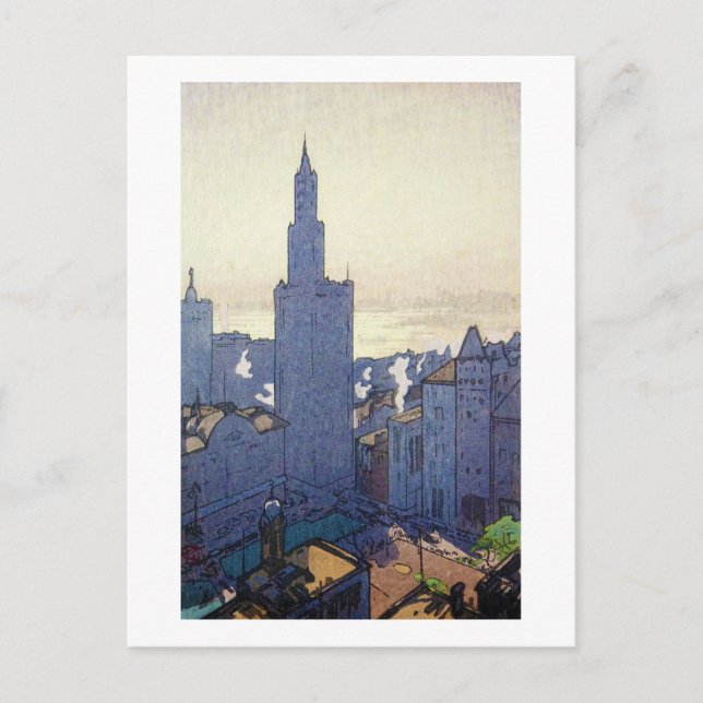 New York Landscape, Hiroshi Yoshida, Woodcut Postcard (Front)