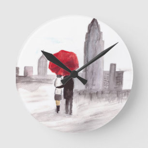 New York love couple red umbrella anniversary  Round Clock
