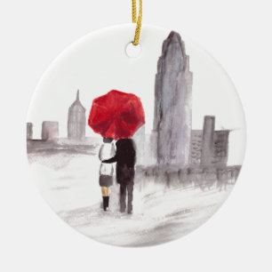 New York love couple red umbrella NYC Manhattan  Ceramic Ornament