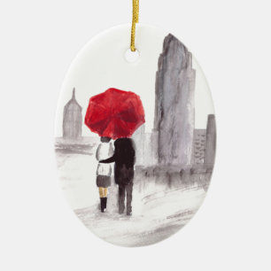 New York love couple with red umbrella Ceramic Ornament