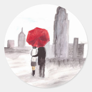 New York love couple with red umbrella Classic Round Sticker