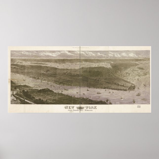 New York Manhattan 1876 Antique Panoramic Map Poster (Front)