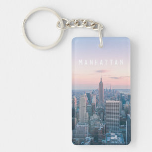 New York Manhattan Text Pink Blue Skyline Sunset Keychain