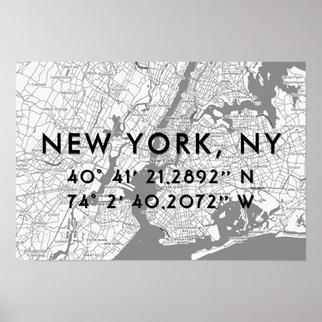 New York Map Black White & Grey Personalized Poster (Front)