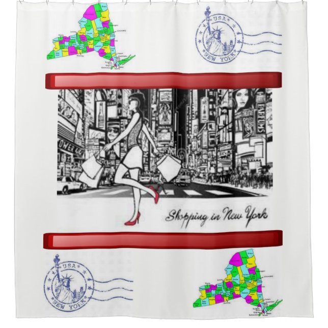 New York map red white showercurtain (Front)