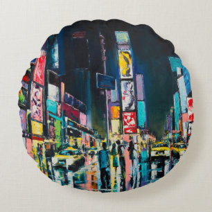 "New York" oil painting, a night view of New York, Round Pillow
