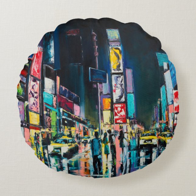 "New York" oil painting, a night view of New York, Round Pillow (Front)