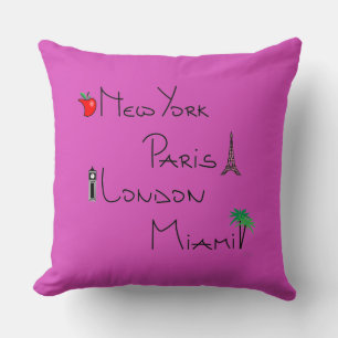 New York, Paris, London, Miami Throw Pillow
