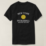 New York Pickleball Add Club Partner Name Custom T-Shirt<br><div class="desc">Show off your love of New York pickleball (easily change state name and shirt colour) with this awesome pickleball shirt for clubs, teams, partners or everyday court wear. Just add your 3 lines of custom text to make a totally unique pickleball shirt. Great for tournaments, matching club shirts or to...</div>