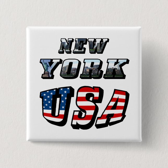 New York Picture and USA Flag Text 2 Inch Square Button (Front)