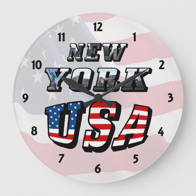 New York Picture and USA Flag Text Large Clock (Front)