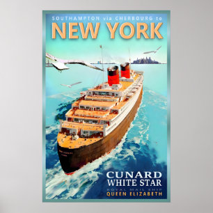 New York RMS Queen Elizabeth New Retro Ship Poster