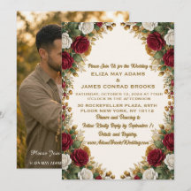 New York Rose Gold Floral Photo Wedding Invitation