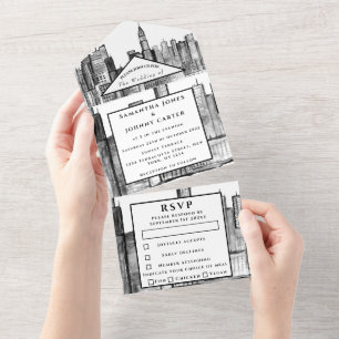 New York RSVP Black and White Modern Wedding  All In One Invitation