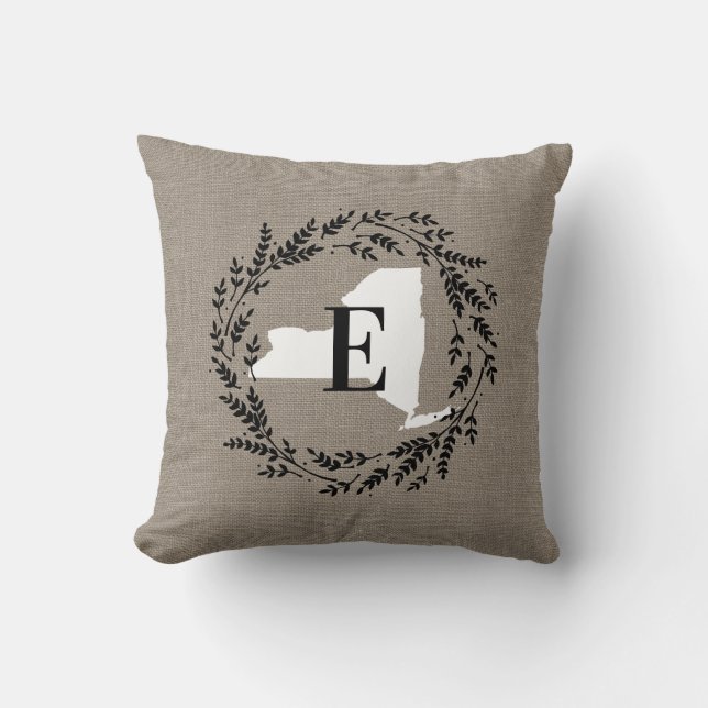 New York Rustic Wreath Monogram Throw Pillow (Front)