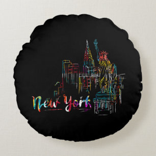 New York Sky Heartbeat Statue of Liberty I Love Ne Round Pillow