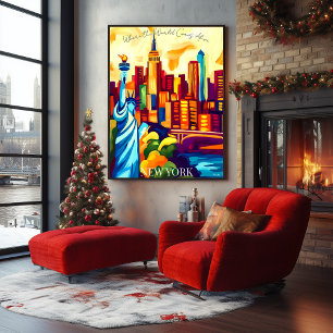 New York Skyline and Statue of Liberty in Fauvist Poster