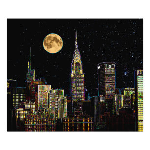 New York Skyline At Night With Full Moon Photo Print
