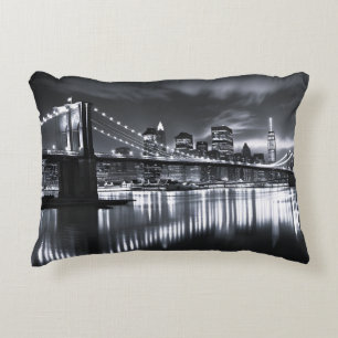 New York Skyline Brooklyn Bridge Monochrome Night Accent Pillow