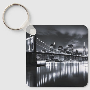 New York Skyline Brooklyn Bridge Monochrome Night Keychain