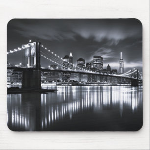 New York Skyline Brooklyn Bridge Monochrome Night Mouse Pad